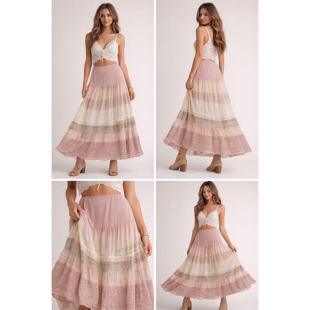 LOLA Made In Italy Silky Maxi Tiered Skirt L‎ Cottagecore Romantic - Picture 8 of 8